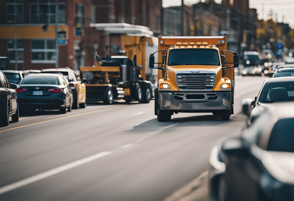 A tow truck pulling a stranded vehicle to safety on the side of a busy road in Hamilton, Ontario