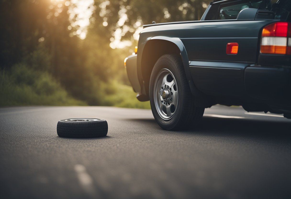 A car with a flat tire on the side of the road, with a tow truck approaching to provide assistance