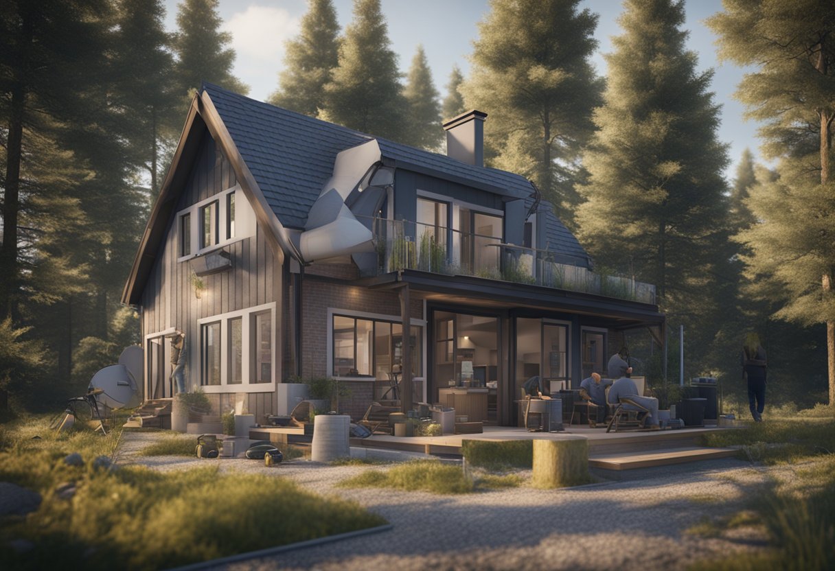 A cottage is being constructed with workers laying down pipes and cables for utilities and services
