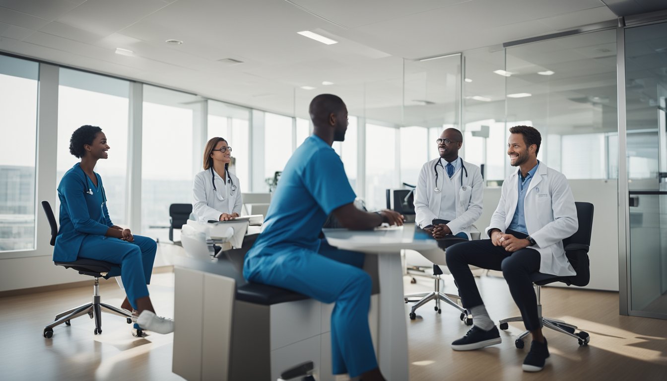 A group of diverse specialists in a modern health clinic, each with their own unique expertise, collaborating and consulting with each other