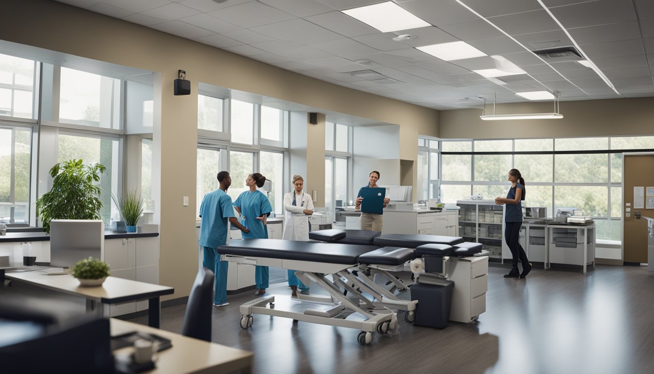 A bustling health clinic with various departments, including physical therapy, chiropractic care, and nutrition counseling. Patients move seamlessly between services, while staff collaborate and communicate efficiently
