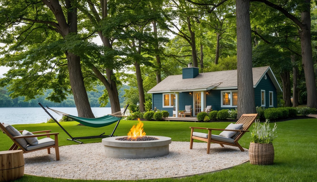 A serene lakeside cottage surrounded by lush greenery, with a cozy fire pit and a hammock under the shade of tall trees