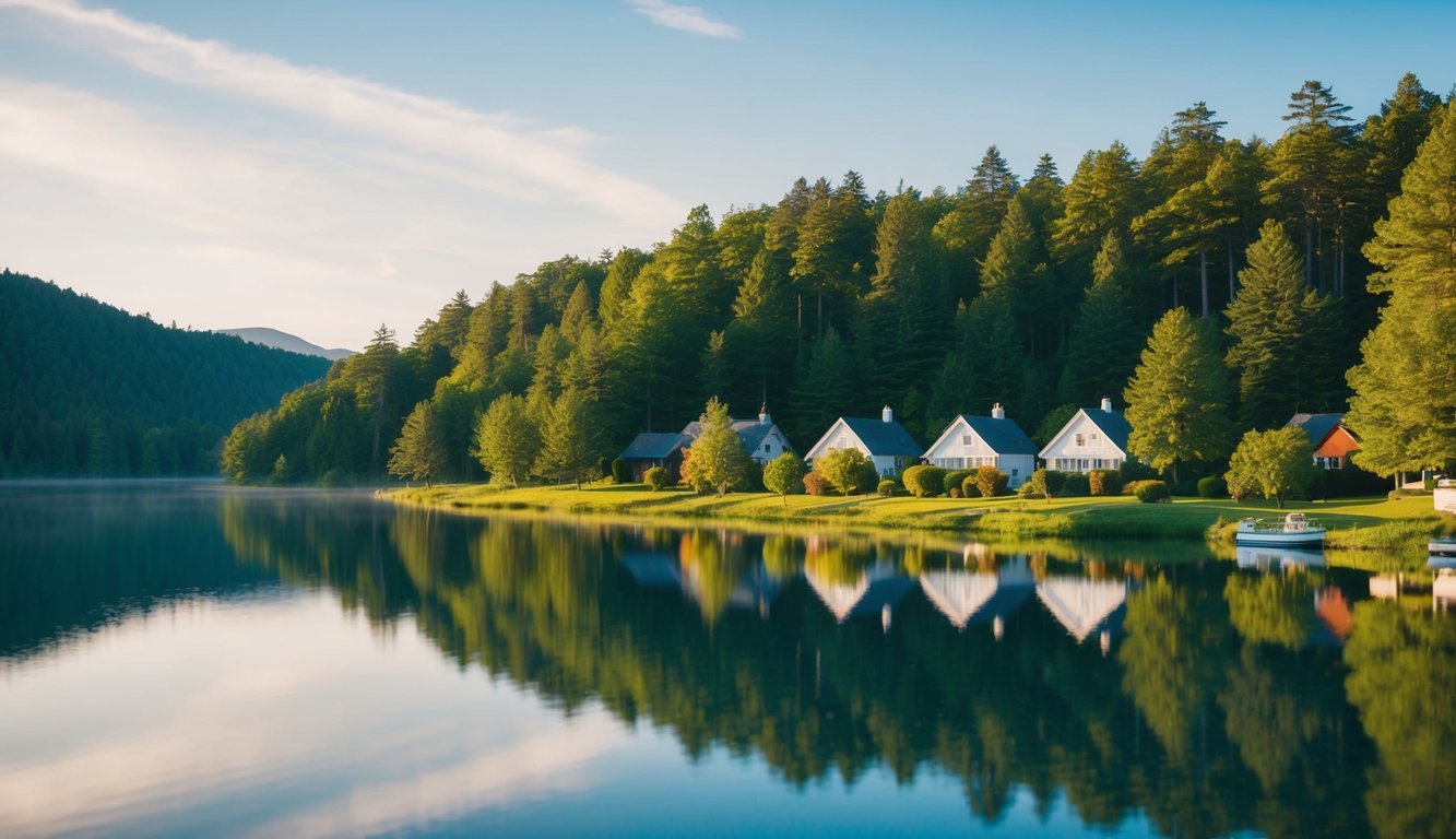 A serene lake surrounded by lush forests, with cozy cottages nestled along the shoreline and a peaceful atmosphere that contrasts with the hustle and bustle of big cities