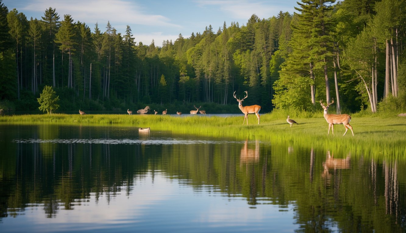 A serene lake surrounded by lush forests, with wildlife such as deer, birds, and fish, showcasing the beauty and tranquility of cottage country living