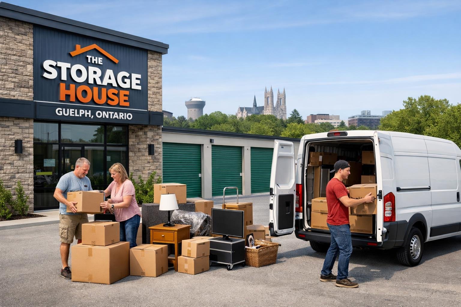 People packing and organizing boxes outside a modern storage facility with multiple storage units and a moving van parked nearby.