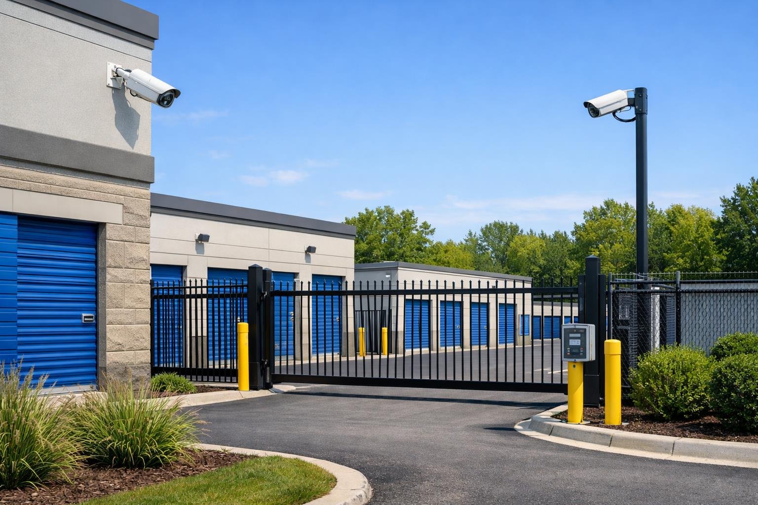 Exterior view of a modern storage facility with security cameras, secure gates, and storage units in a well-maintained setting.