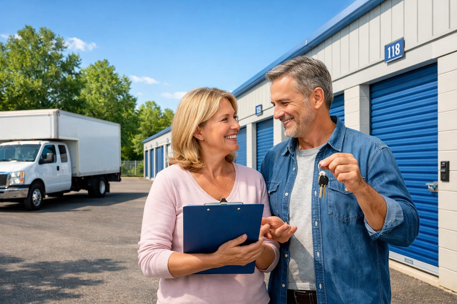 A middle-aged couple standing in front of a clean self-storage facility with rows of storage units and a moving truck nearby.