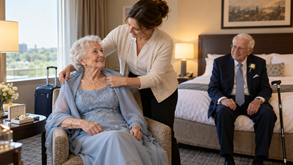 Woman helps elderly couple prepare for a wedding